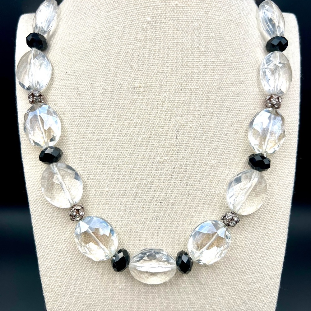 Vintage Trifari Chunky Acrylic Clear, Black And Rhinestone Beaded Necklace